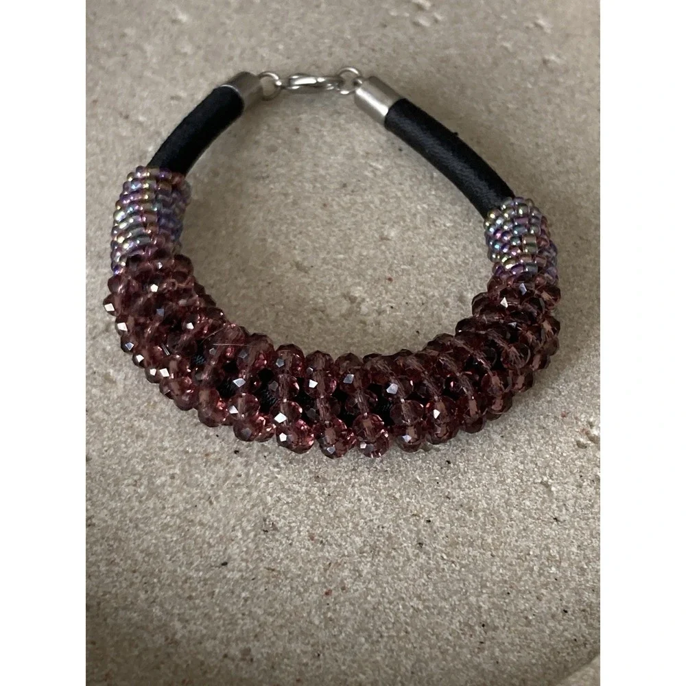 Purple Beaded Bracelet Black Cord Silver Tone Dark Romantic Fairy Chunky
